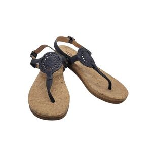 UGG Kari Black Leather Medallion Thong Slingback Cork Sandals Womens Size 8